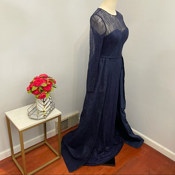 # Mac Duggal Long Sleeve Lace Column Gown With Overskirt - Picture 8 of 16